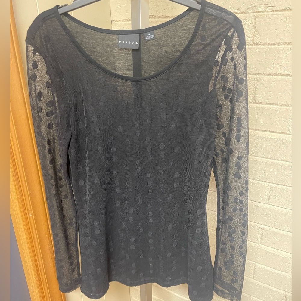 Tribal Black Dotted Sheer Sleeve Top - Picture 1 of 8